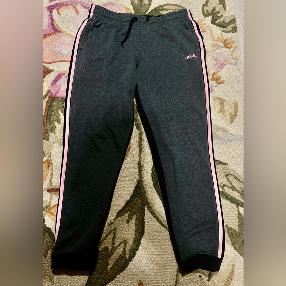 Adidas XL Sweatpants Joggers Gray Front Black Back Pink Stripes 28” Inseam